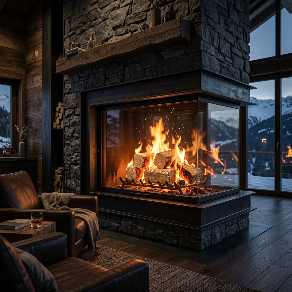Briquetas de madera noble Castor ardiendo en chimenea de alto rendimiento térmico - Biomasa Premium
